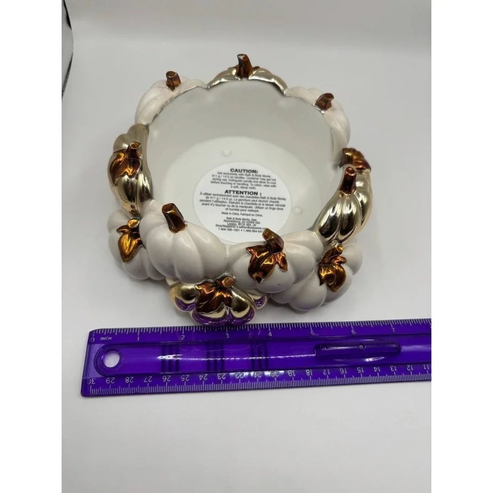 BATH & BODY WORKS WHITE & GOLD PUMPKIN PATCH CANDLE HOLDER FOR 3 WICK CANDLES